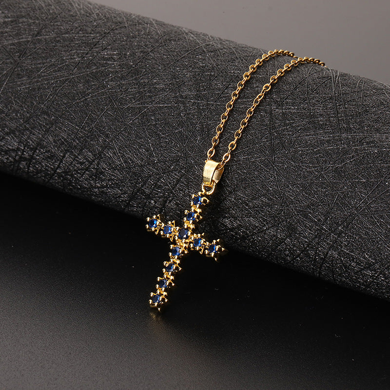 INS Vintage Gold Cross Necklace Personalized Pendant Zircon European and American Style Necklace Special-Interest Design Titanium Steel Clavicle Chain