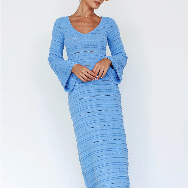 popular autumn and winter new New sweater skirt women's long-sleeved sexy hollow Spice girl style knitted dress women