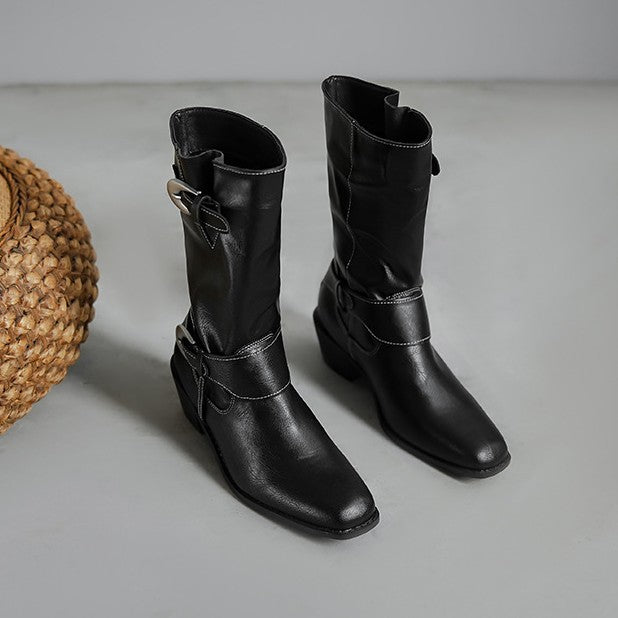 2025 Cowhide version~ Su Yinyin has the same British square head metal buckle thick heel western short boots women's Chelsea Martin boots