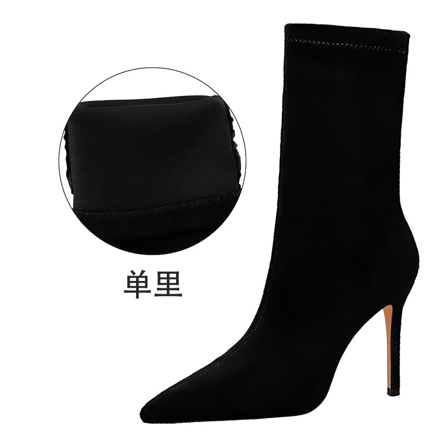 2025 315-8 style fashionable simple pedicure women's boots thin heel high heel suede pointed sexy nightclub thin short boots