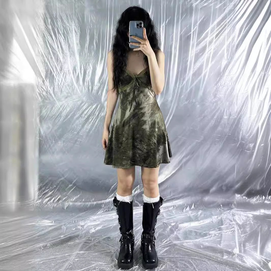 VAKKV 2025 AC136 New style, tie-dye lace, bow waist suspender V-neck Spice Girl Dress Dress Women