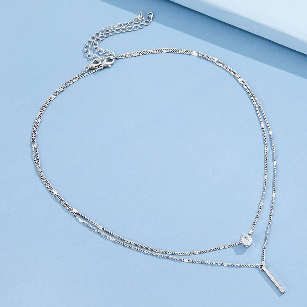 C096 HOT and NEW Cross Border Ornament Elegant Drop-Shaped Rhinestone Pendant Clavicle Chain Simple Long Stick Necklace Double Layer Twin