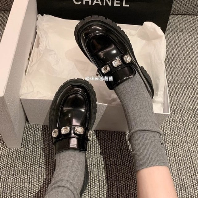 2025 Cowhide version~ Korean version of British style leather rhinestone platform one-pedal lazy loafers women's small leather shoes commuting OL
