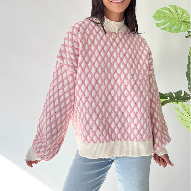 popular autumn and winter new New knitted tops women's round neck plaid lantern sleeves loose pullover sweater women