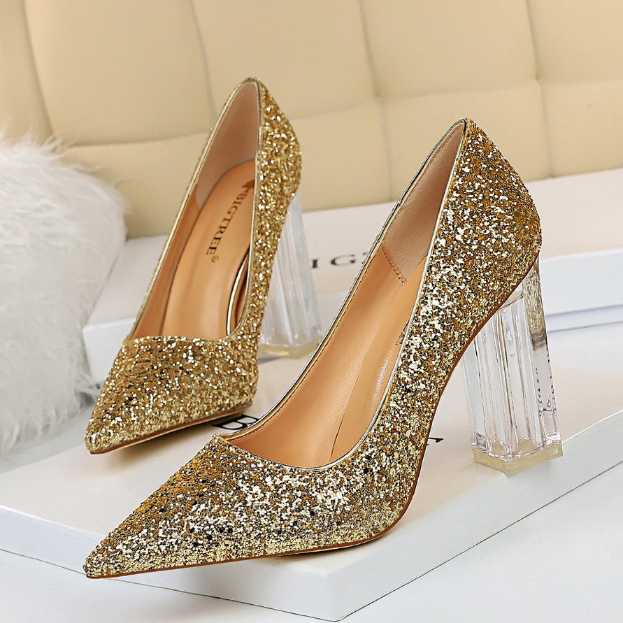 2025 9217-1 fashion transparent crystal heel thick heel high heel light mouth pointed head sexy nightclub shining sequined single shoes