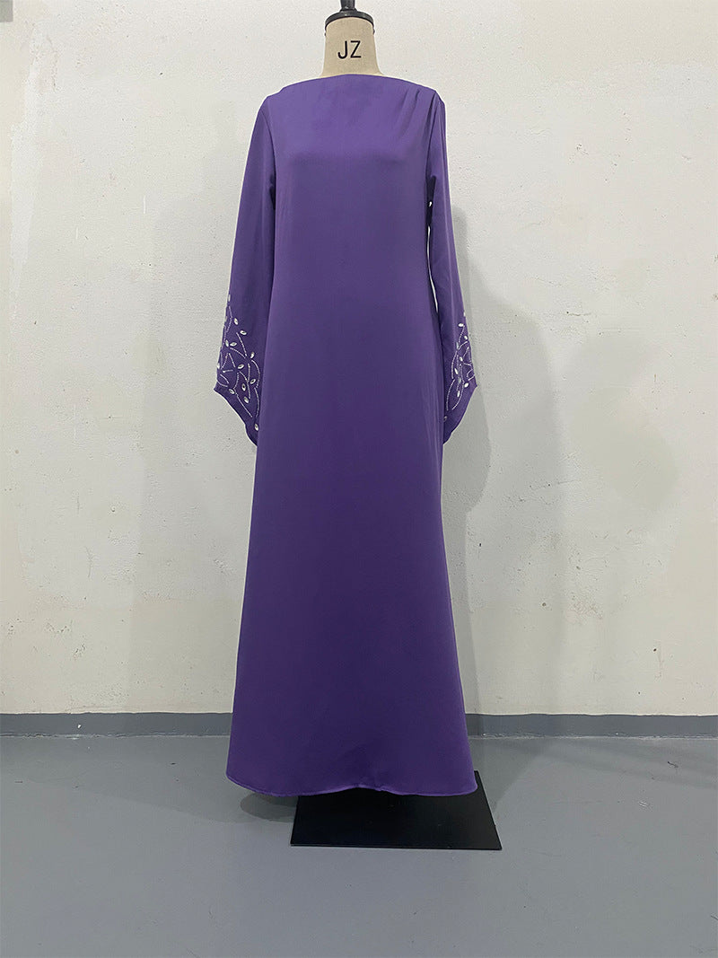 VAKKV Cross-Border European and American Autumn New Solid Color Long Sleeve Dress Handmade Rhinestone Temperament Long Dress