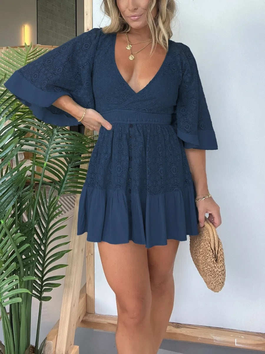 2024 Summer European and American Hot Trade Wish New Women's Lace Stitching Batwing Sleeve Dress