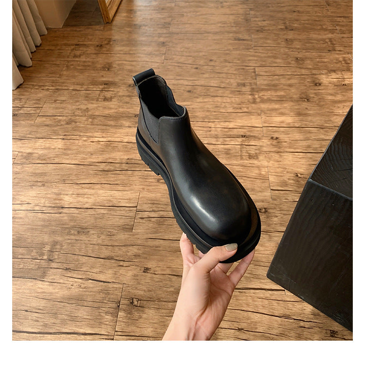 2025 Cowhide version~ Inner heightening Martin boots Women's British style velvet commuter short tube thick-soled Chelsea short boots Smoke boots