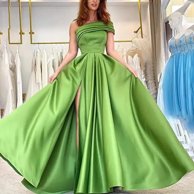 VAKKV Foreign Trade One Shoulder Satin Dress Evening Dress Birthday Banquet Pettiskirt Green High Slit Sexy Jumpsuit
