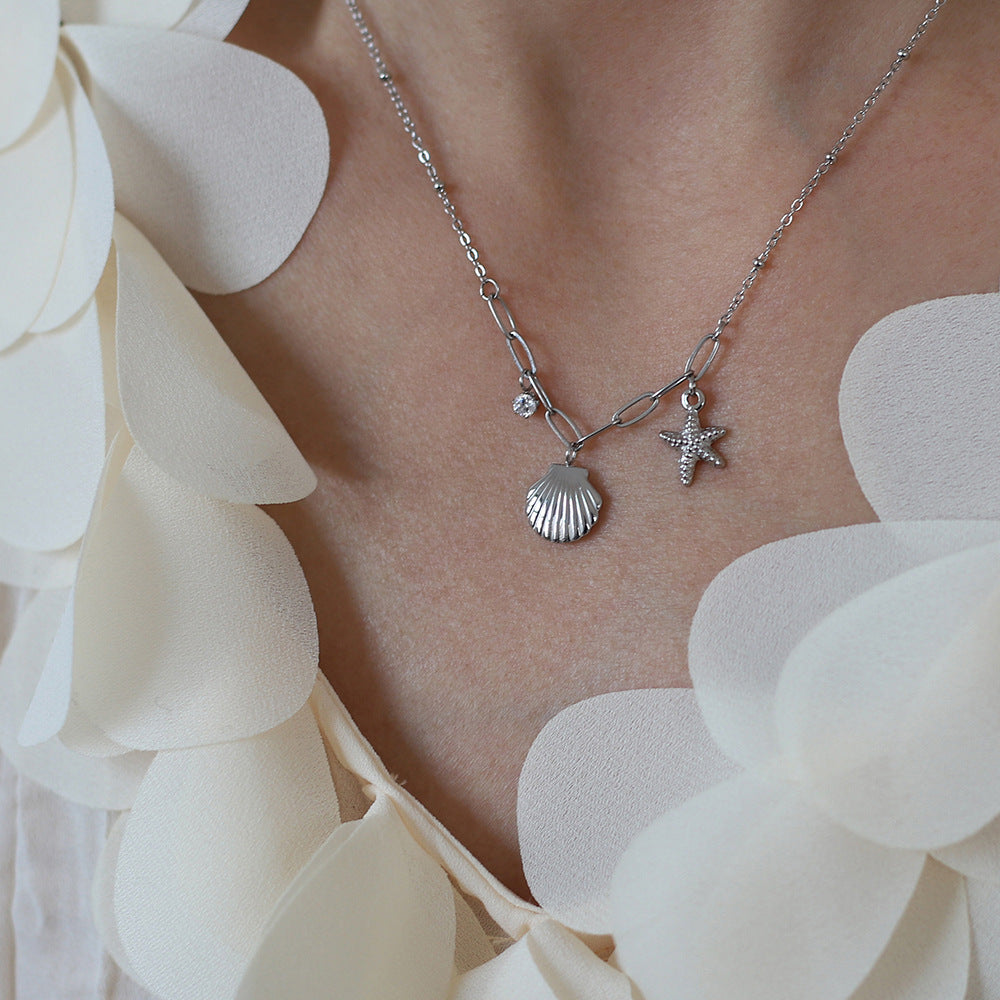 VAKKV Cross Border Ocean Style Mid-Ancient Shell Necklace Starfish Pearl Necklace Plated 18K Gold Color Protection