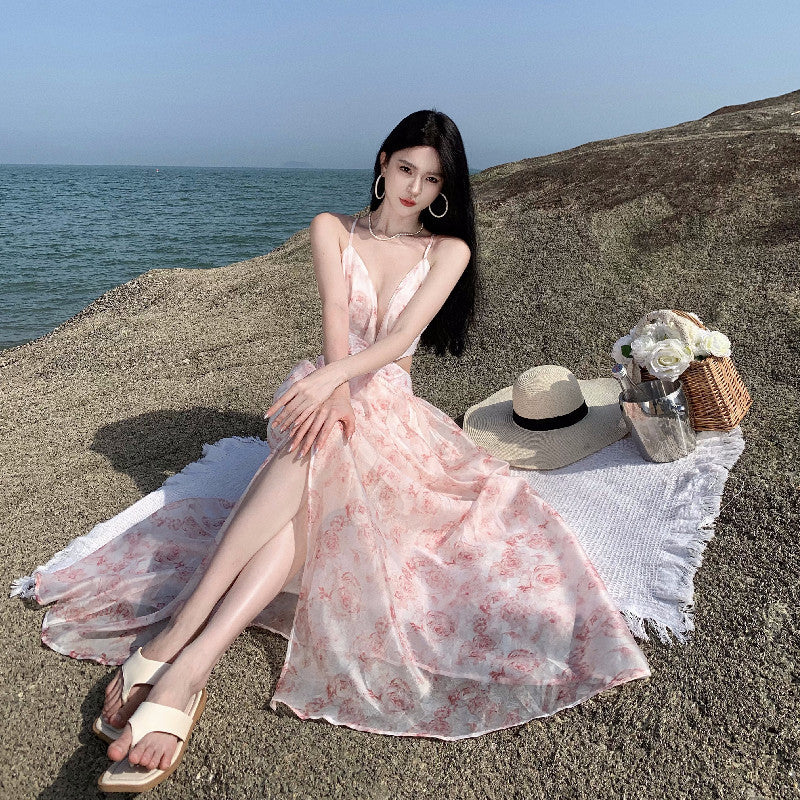 2025 Coffee break gentle wind seaside vacation fairy style beautiful pink floral waist suspender dress female summer