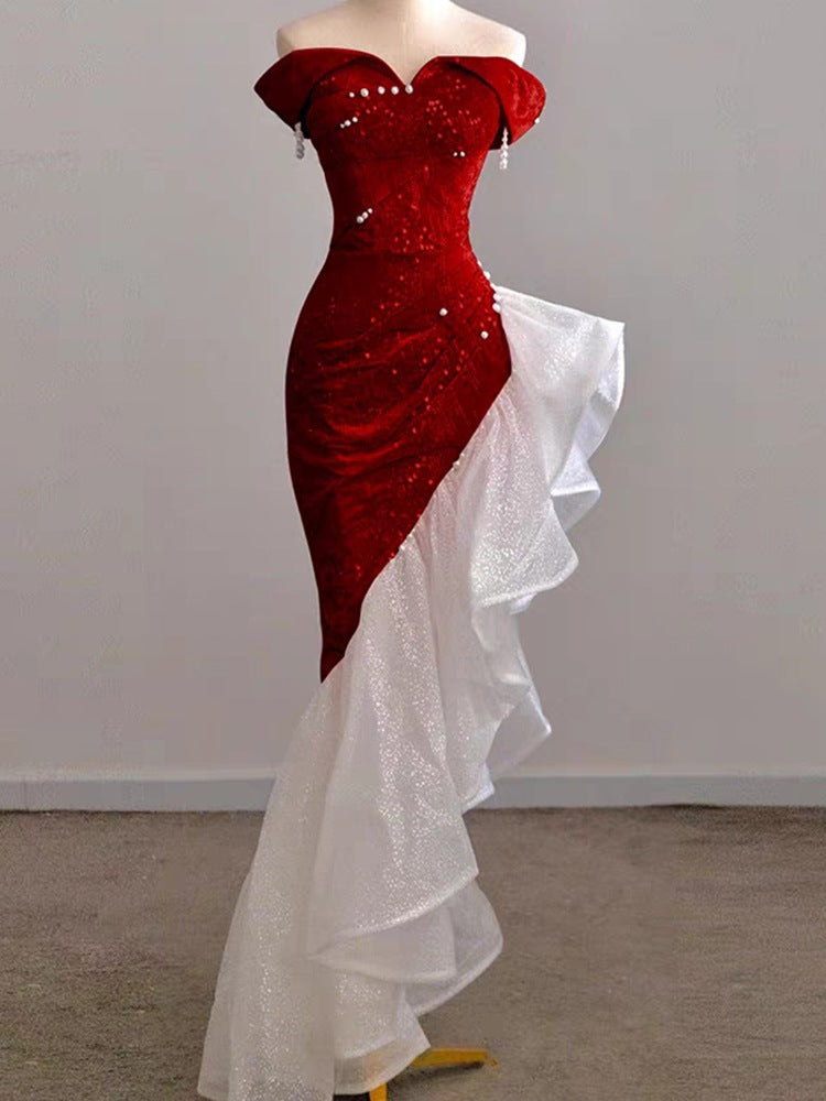 VAKKV Pink off-Shoulder Engagement Formal Dress Fishtail Toast Dress Bride New Annual Meeting Small Man Host Evening Dress