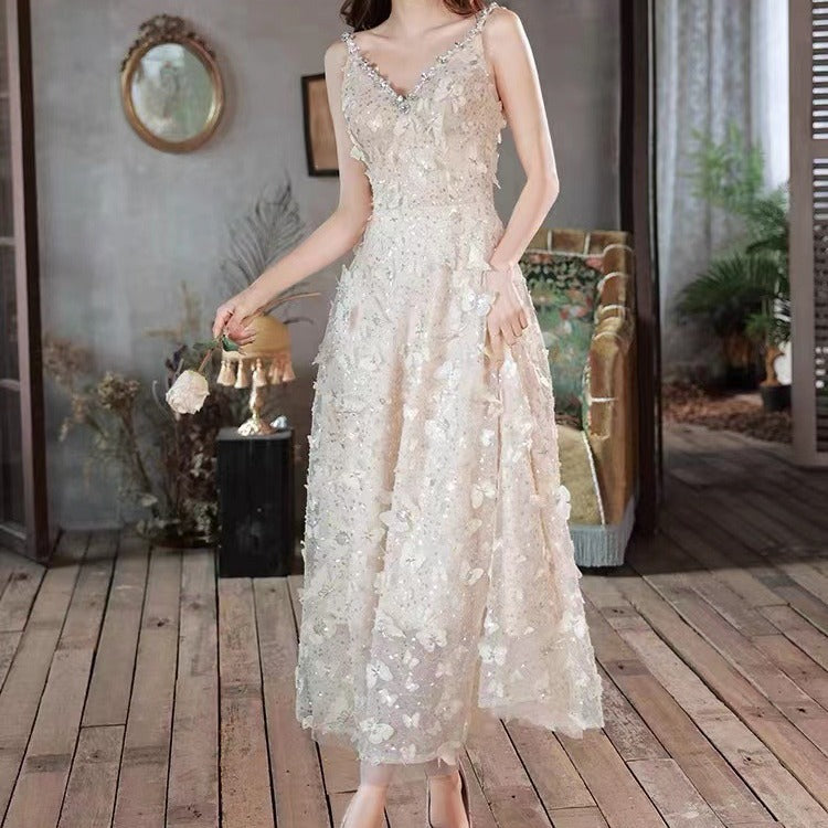 Little Evening Dress Female Spring/Summer High-End Elegant V-neck High-End Affordable Luxury Champagne Dress Daily Style Summer