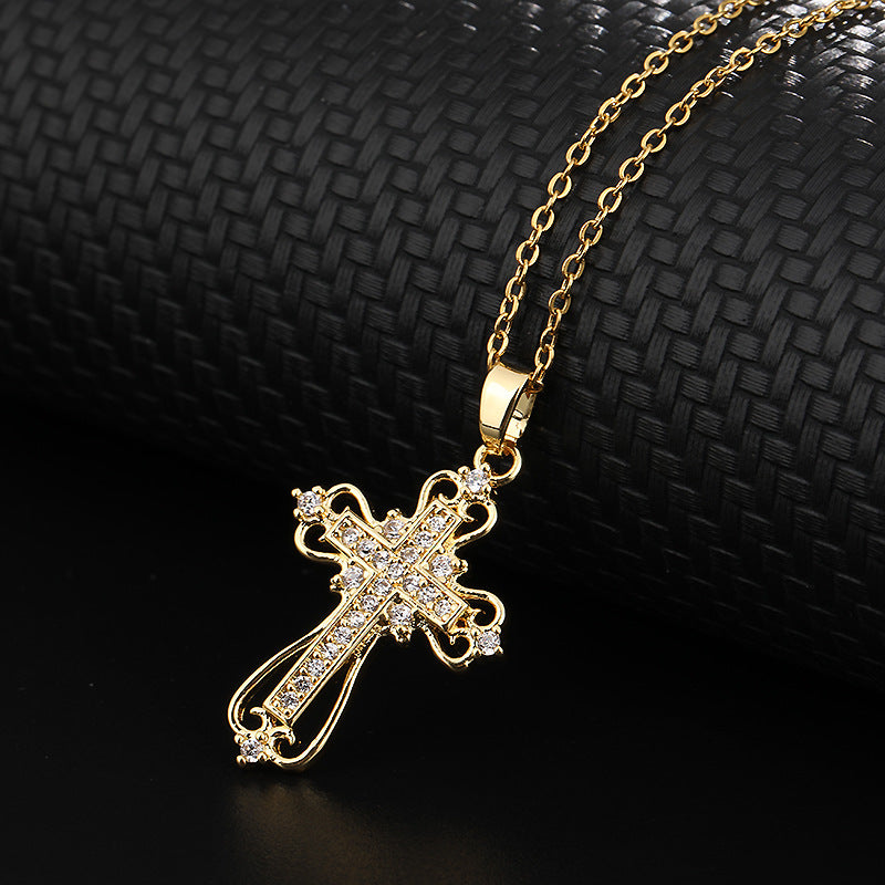 INS Vintage Gold Cross Necklace Personalized Pendant Zircon European and American Style Necklace Special-Interest Design Titanium Steel Clavicle Chain