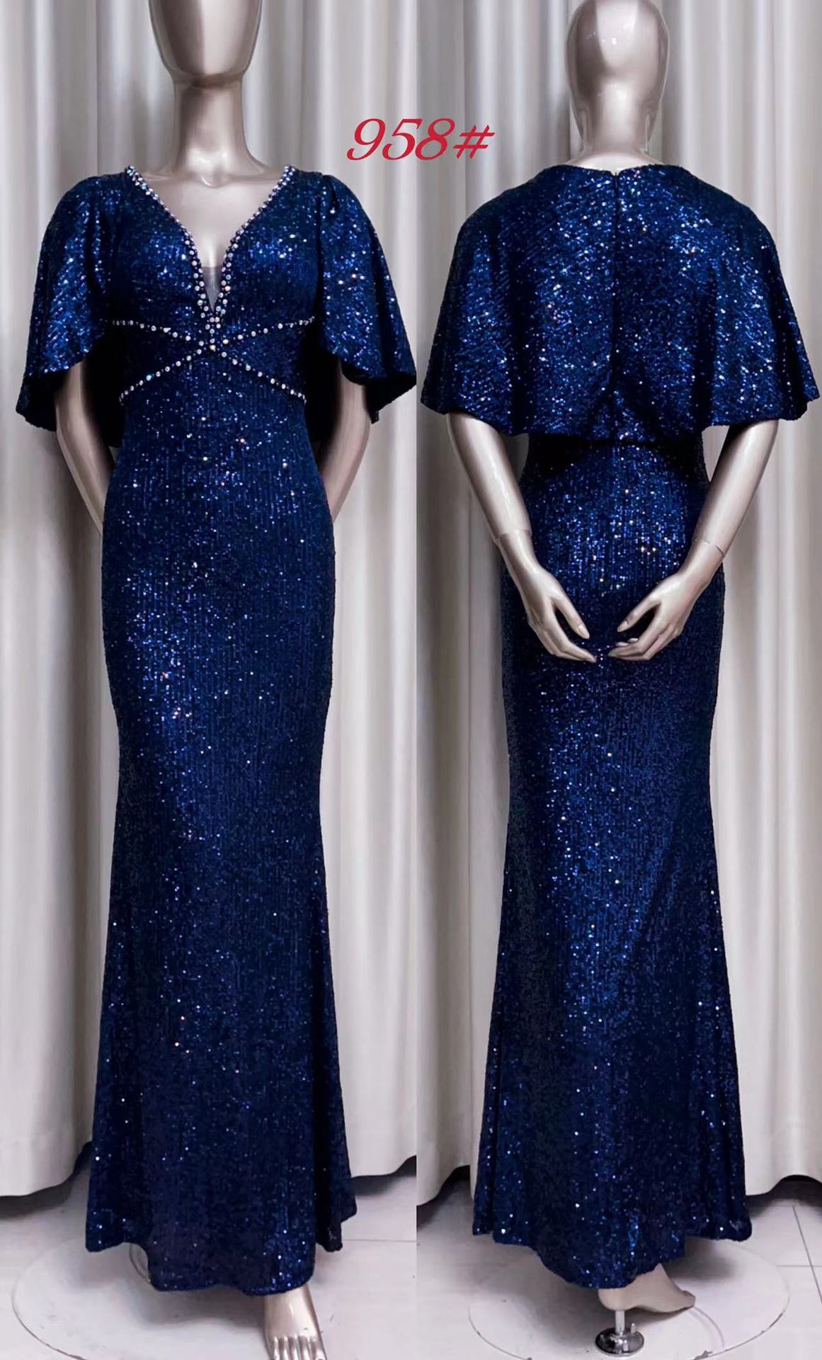 VAKKV Champagne Gold Evening Dress plus Size Sequined Short Sleeve Host Conductor Birthday Bridesmaid Dress Piano Playing Fishtail Dress