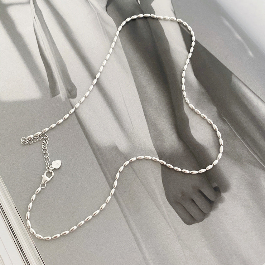 S925 Sterling Silver Rice Grain Olive Beads Necklace Choker Women's Simple Ins Personality Twin High Sense Ball Clavicle Chain