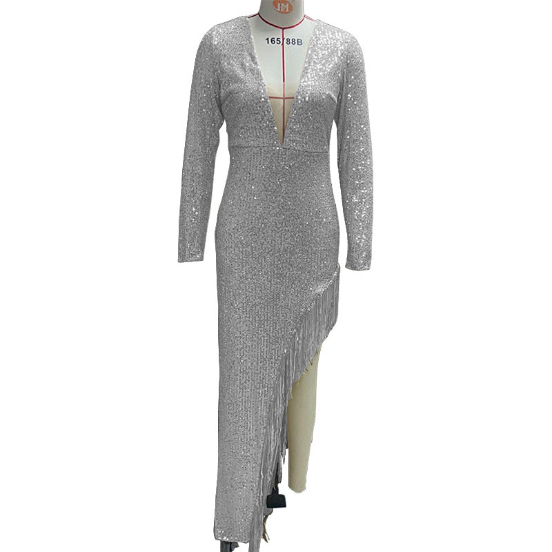 VAKKV Dress Skirt Tassel Sequin Waist Deep V Long Sleeve Side Slit Sexy Asymmetric Dress Women