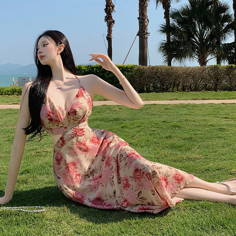 2025 Super fairy seaside vacation chiffon floral vacation women's dress backless hollow straps high waist slit big swing dress