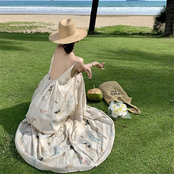 2025 National style new Chinese butterfly print suspender dress women's summer seaside vacation loose big pendulum super fairy backless dress