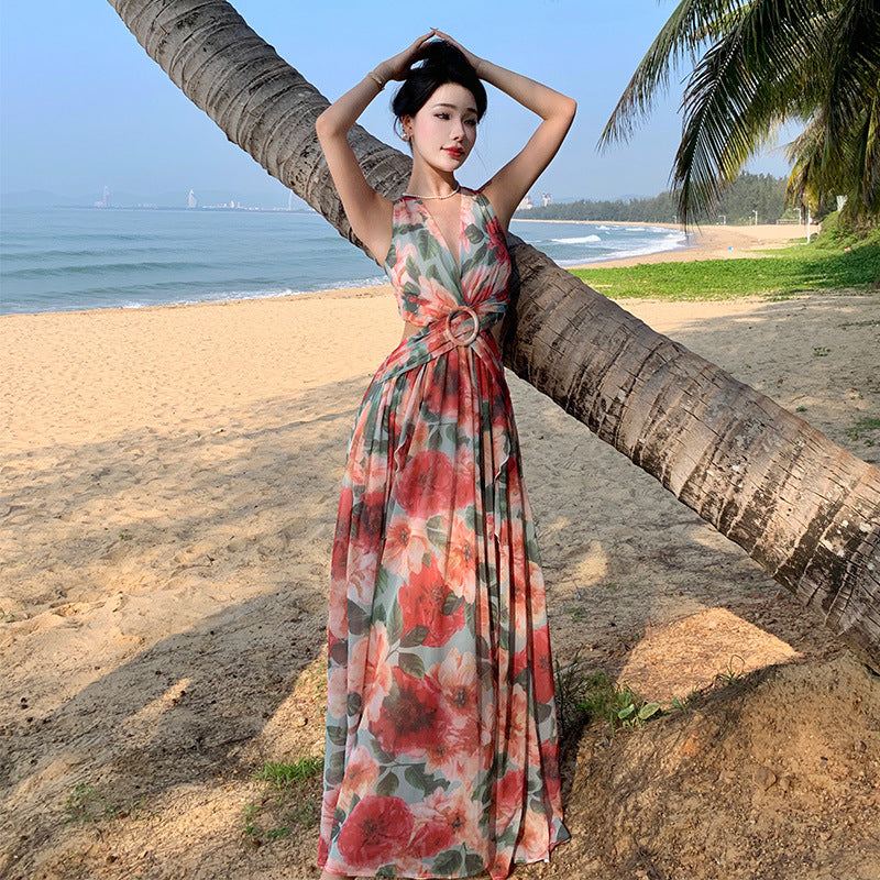2025 Stunning coffee break lace-up dress super fairy gentle and sweet vacation travel photo halter fairy dress