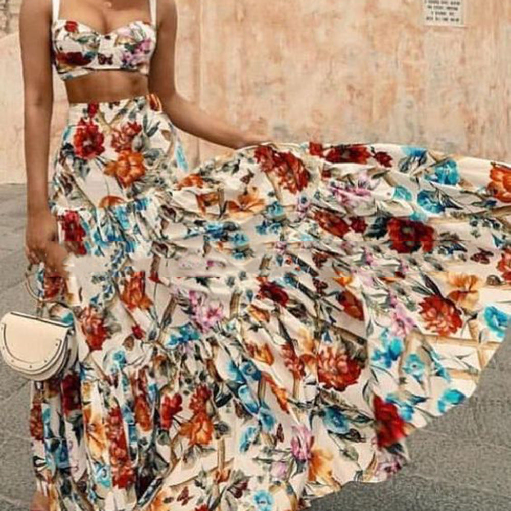 2025 Cross-border Spring and Summer New 2025 Women's Clothing Sexy Temperament Suspender Printed Dress Set Beach Dress Two-piece Pack