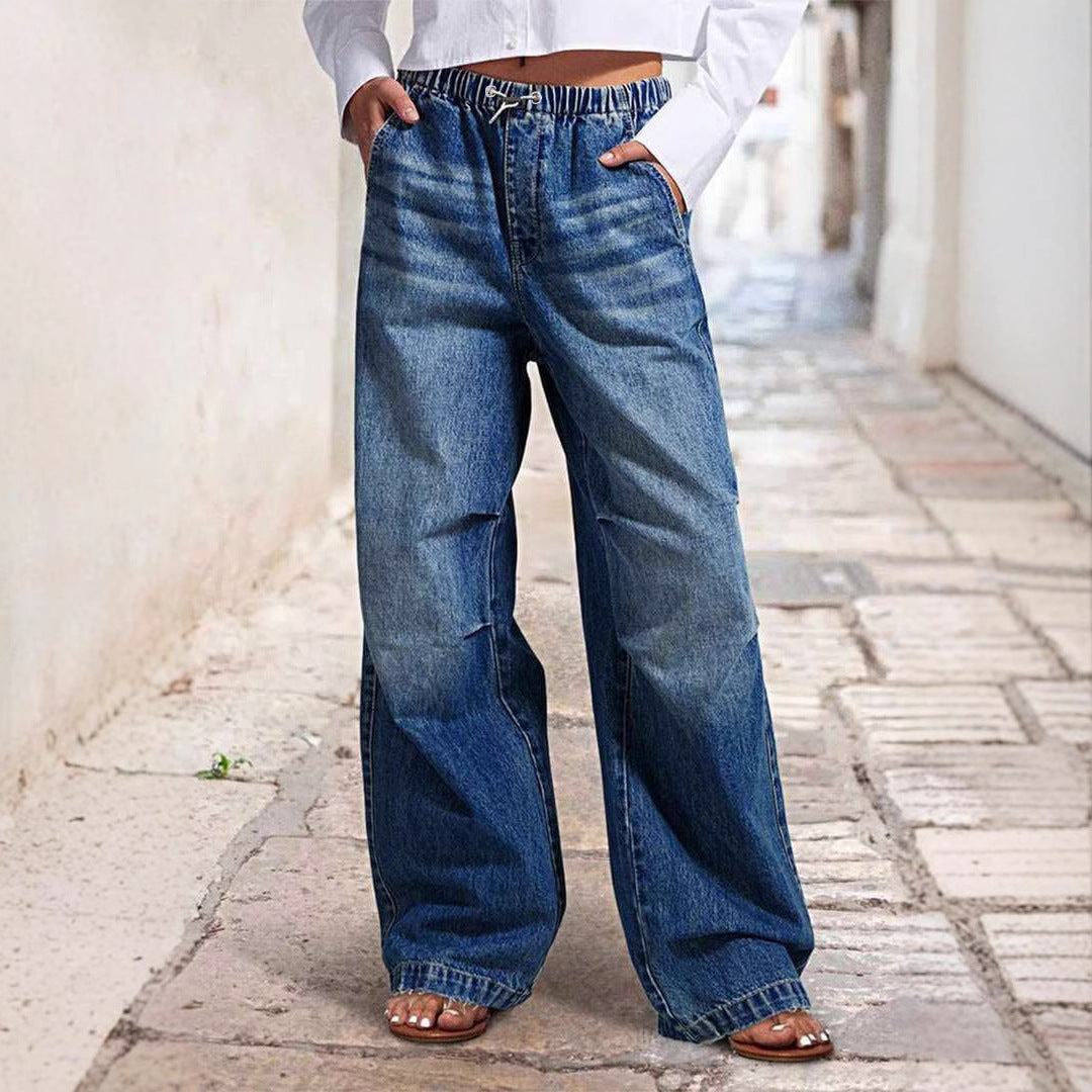 VAKKV 2025 spring new 2025 cross-border mid-waist wide-leg pleated loose jeans women's street retro straight-leg pants