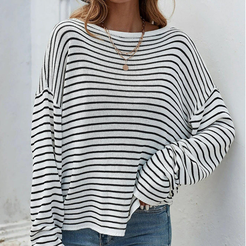 Popular trade knitted sweater women's striped long-sleeved sexy backless cross sweater women's top