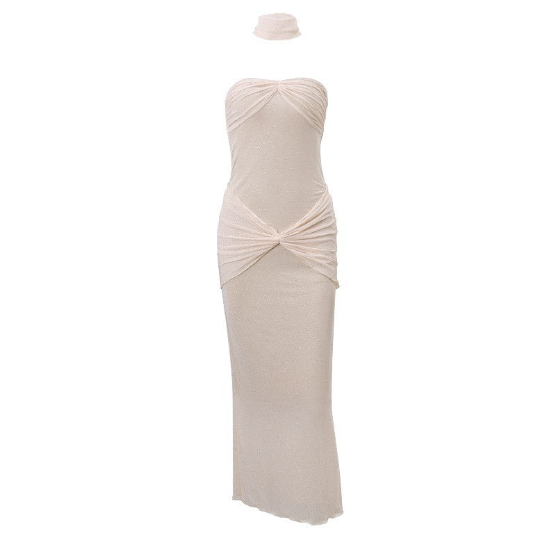 Foreign trade women's clothing 2024 spring Yi Mengling matching fashionable, shiny, sexy, chest wrapped, elegant, and socialite dress