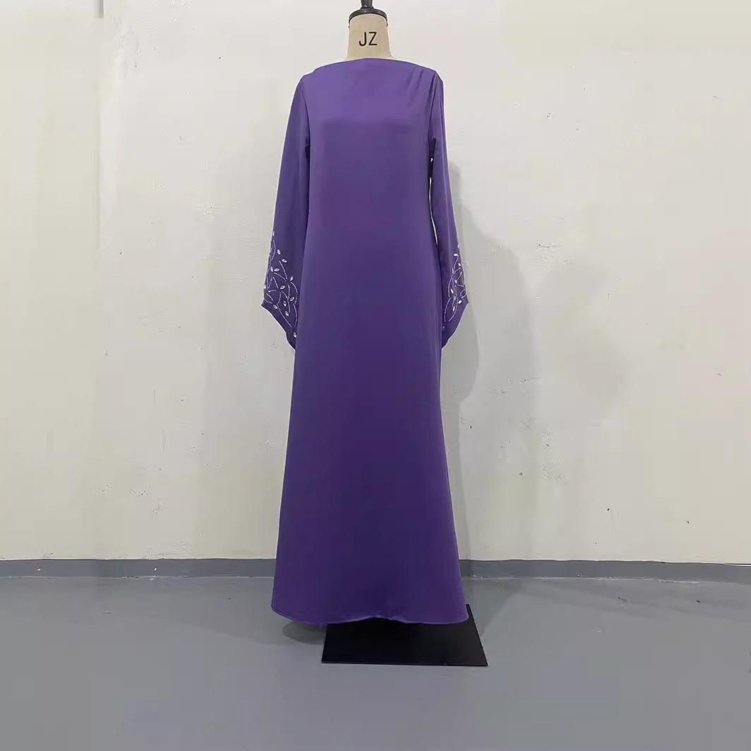 VAKKV Cross-Border European and American Autumn New Solid Color Long Sleeve Dress Handmade Rhinestone Temperament Long Dress