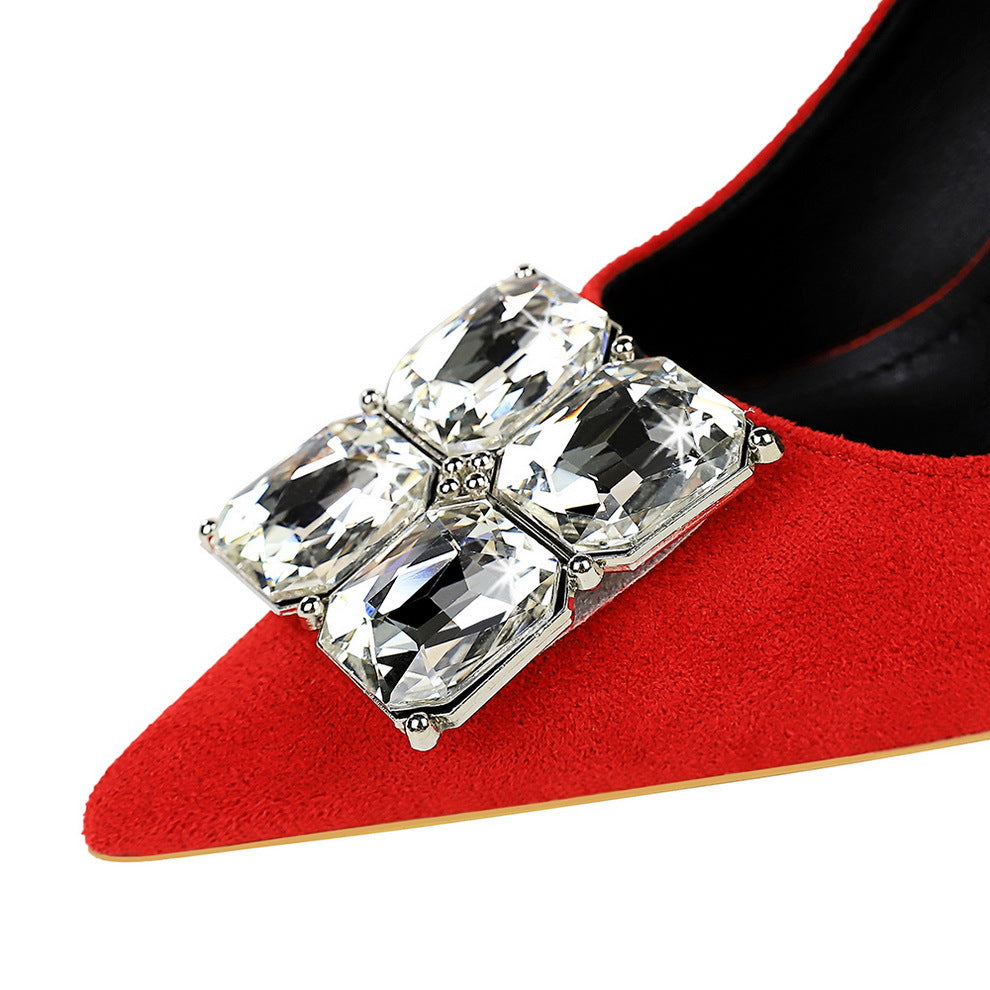 2025 9511-K58 banquet women's shoes, high heels, fine heel, suede, shallow mouth, pointed head, square rhinestone buckle, super high heel single shoes women