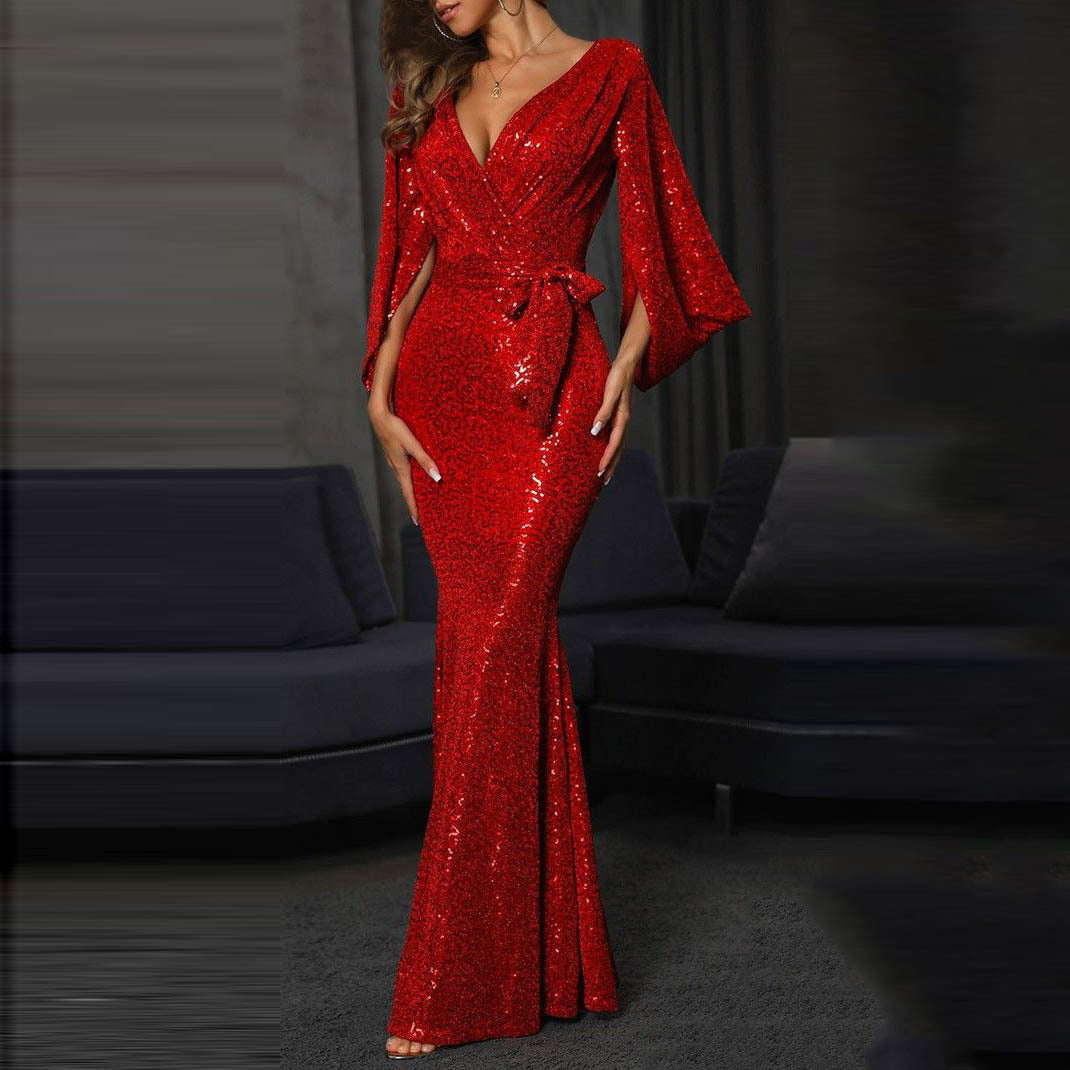 VAKKV European and American Foreign Trade Spring/Summer New Sexy Dress Split Pure Color Sequins Long Mop Evening Dress Skirt
