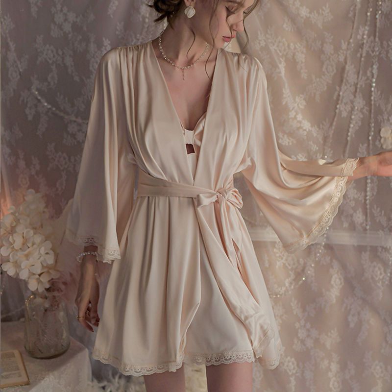 2025 Sexy suspender nightgown women's spring and autumn models solid color lace lace high-end private pajamas two-piece trendy