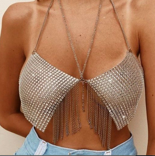 2025 MW3075 2025 vest rhinestone inlaid diamond cloth metal fringed chain pendant neck top small vest body chain