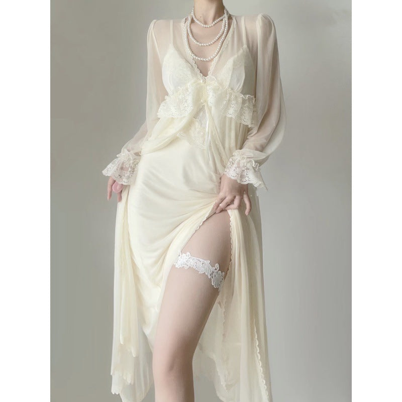 2025 Vintage morning robe female bride new sexy lace high-end ice silk mesh summer pure desire pajamas two-piece set