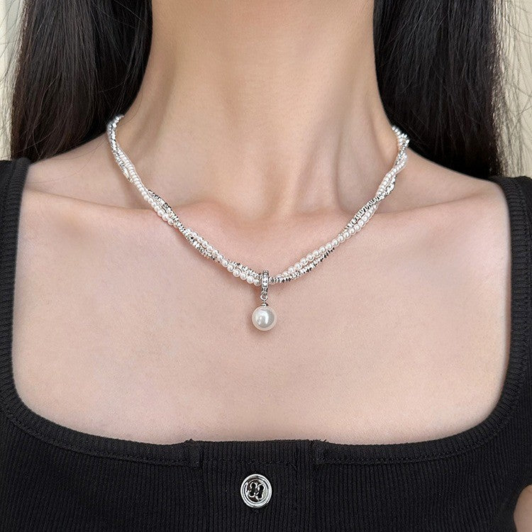 vakkv Shijia Light Luxury Minority Twin S925 Sterling Silver Small Pieces of Silver Pearl Necklace for Women Summer New Necklace Clavicle Chain