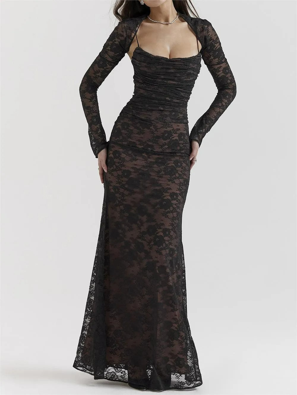 Cross-Border New Arrival European and American Style Women's Sexy Fashion Long Dress High-End Evening Dress Braces Long Sleeve Lace Dress