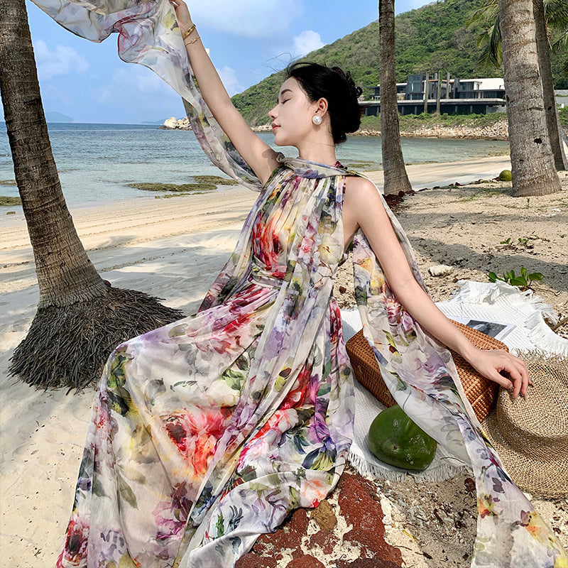 2025 Bohemian retro beach dress dress chiffon temperament pendulum long dress elegant seaside vacation high sense
