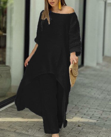 European and American New Women's Clothing Cotton and Linen Fashion Casual plus Size Irregular Long Sleeve Suit Wide Leg Pants Two-Piece Set