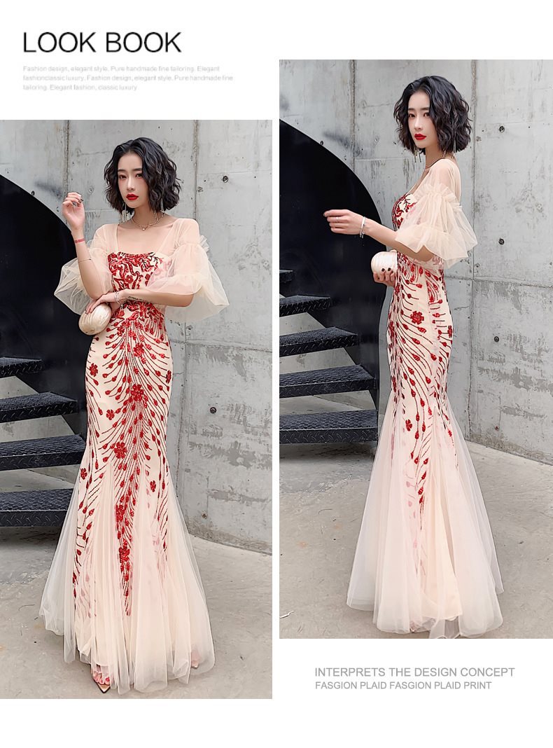 VAKKV Champagne Dress Sequined Embroidered Bridal Wedding Toast Dress Banquet Performance Host Fishtail Dress Adult Ceremony Female