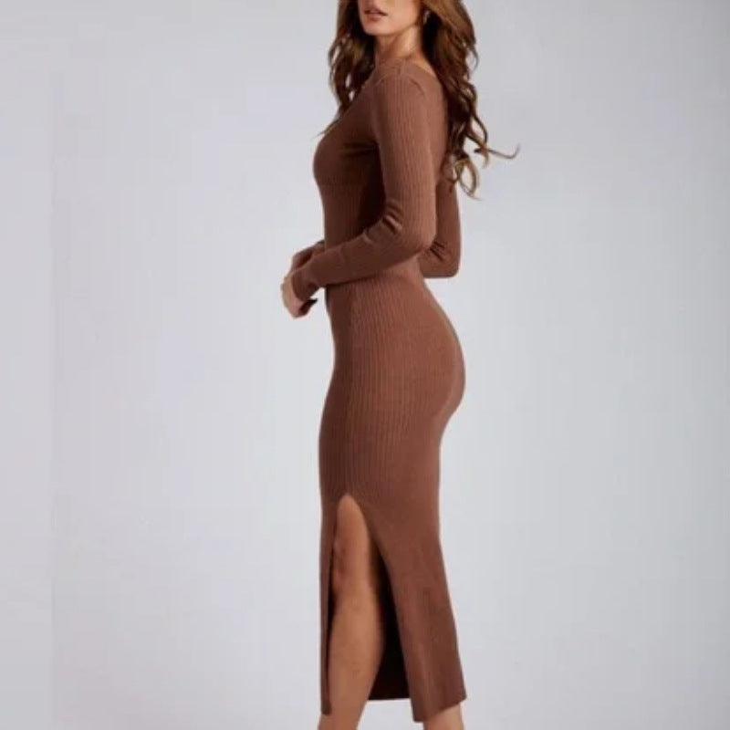 New autumn and winter hip skirt women's clothing sexy and thin long-sleeved slit knitted dress women