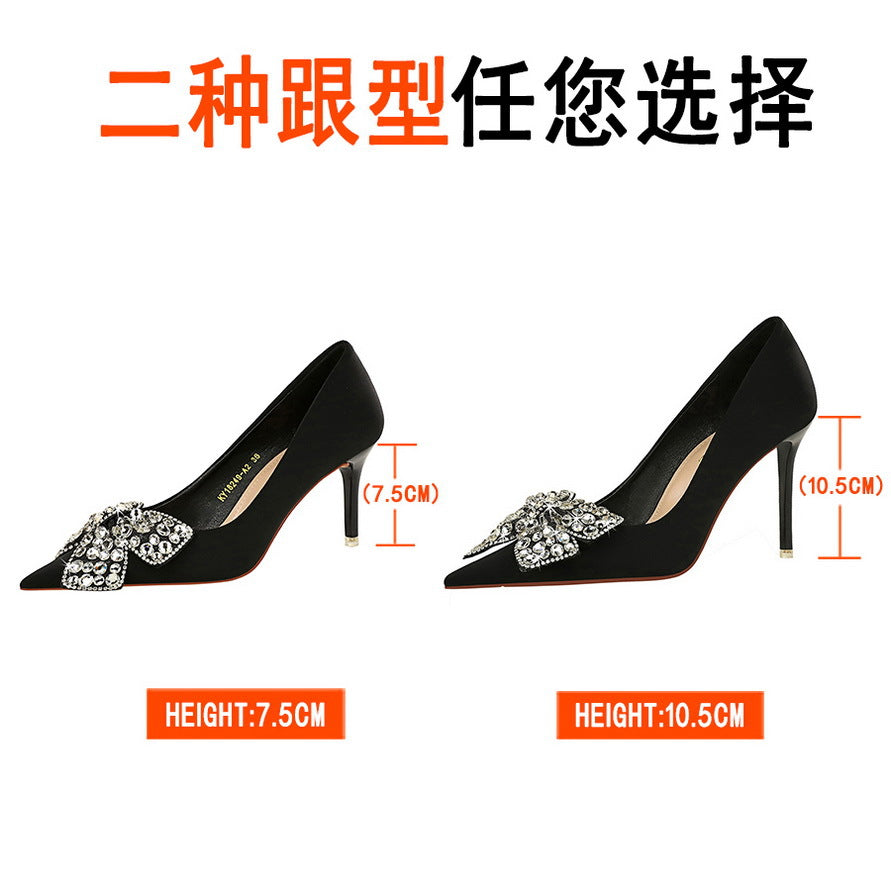 2025 18249-AH29 Korean version banquet high heels stiletto high heel satin light mouth pointed rhinestone bow women's shoes