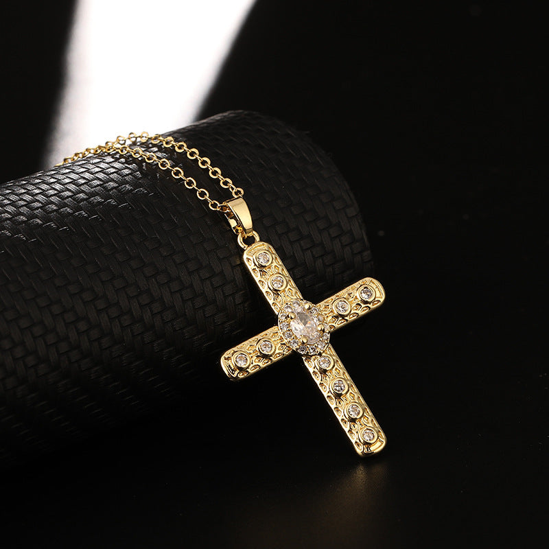 INS Vintage Gold Cross Necklace Personalized Pendant Zircon European and American Style Necklace Special-Interest Design Titanium Steel Clavicle Chain