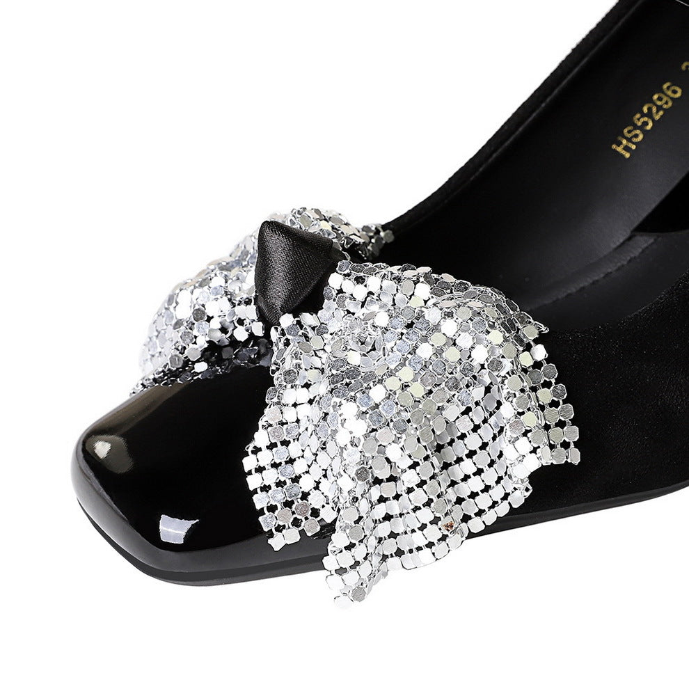 2025 5296-H65 Korean version one word with rhinestone buckle Mary Jane single shoes square head thick heel sequined bow medium heel women's shoes