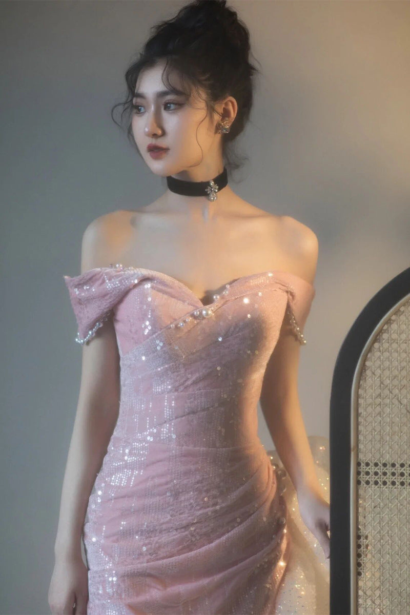 VAKKV Pink off-Shoulder Engagement Formal Dress Fishtail Toast Dress Bride New Annual Meeting Small Man Host Evening Dress