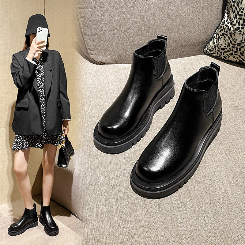 2025 Cowhide version~ New inner height-increasing Martin boots women's British style velvet short tube thick-soled Chelsea short boots cigarette boots