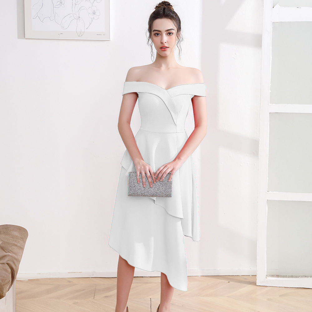 VAKKV Evening Dress Women's Small off-Shoulder Mid-Length Slimming Company Annual Meeting Host Irregular Hem Dress