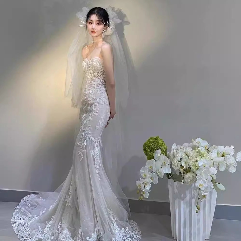 VAKKV Fishtail Lace Wedding Dress Main Yarn Advanced Texture New Bridal Slim Fit Super Fairy Slimming Tube Top Wedding Veil Women
