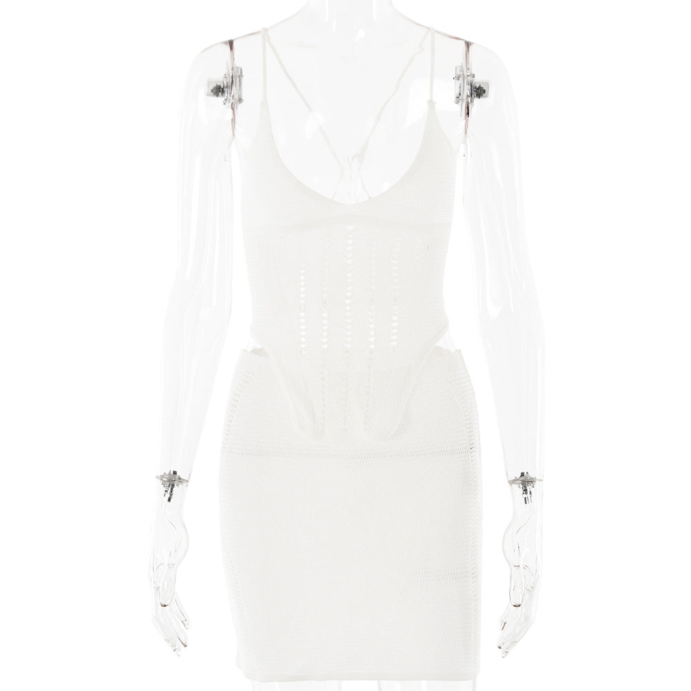 2025 New popular summer hot-selling new two-piece set sexy fashion suspender backless skirt knitted suit
