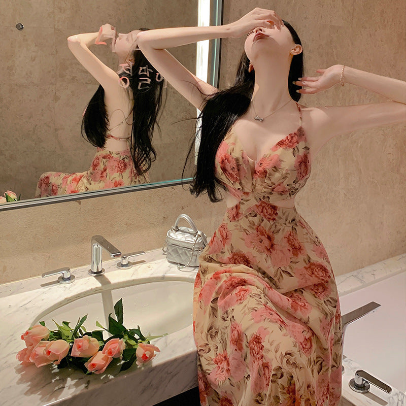 2025 Super fairy seaside vacation chiffon floral vacation women's dress backless hollow straps high waist slit big swing dress
