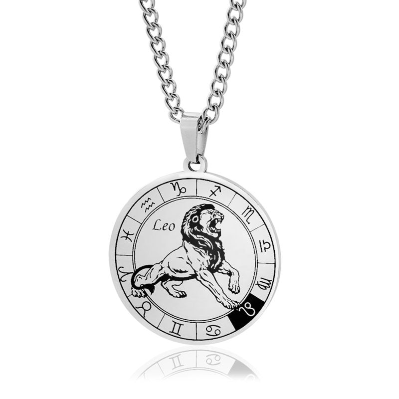 vakkv 12 Constellation Pendant Necklace Men's Titanium Steel Power Style Personalized Leo Turntable Couple's Stainless Steel Necklace